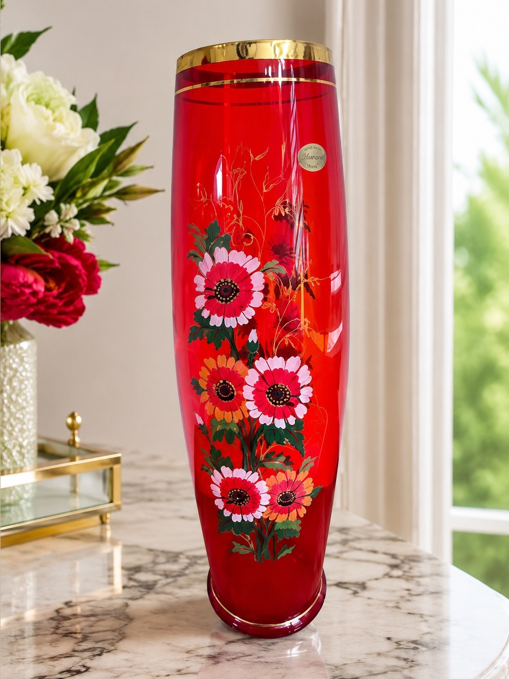 Vintage 18” Italy Murano Ruby Red Glass Vase Hand Painted Flowers Gold Rim